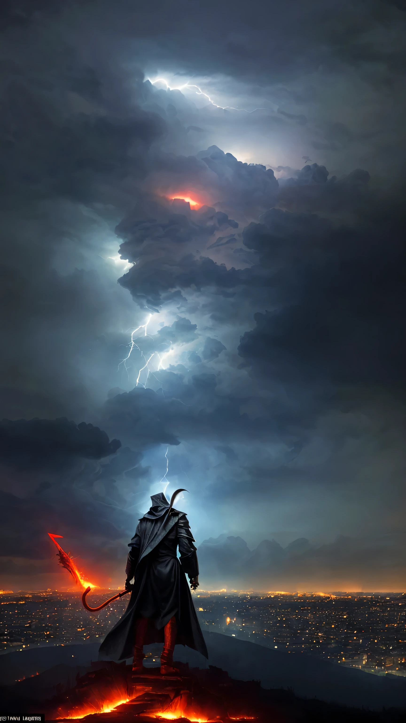 In thunderstorm weather,A man on a hill watching a city engulfed in flames,The Reaper descends from the sky on his chariot,With a sickle in hand.