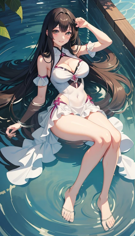 ,seductive Anime Girls, beautiful alluring Anime Women, Beautiful and attractive anime teen, beautiful Anime Women, attractive Anime Girls, beautiful Anime Girls, Smooth anime CG art, (Anime Girls), Long Hair, Anime Girls, Anime Women, Highly detailed art gems、After bath、Lying on your back、Lying down、Elevate your legs、White lace sleeveless、See-through white shorts、Perfect clothing for the skin、Thighs、Large Breasts、Ample breasts、Deep cleavage、just out of the bath、Embarrassed、smile、bed、Black Hair、はだけたThighs、Spread your legs、Transparency、Transparencyのある服