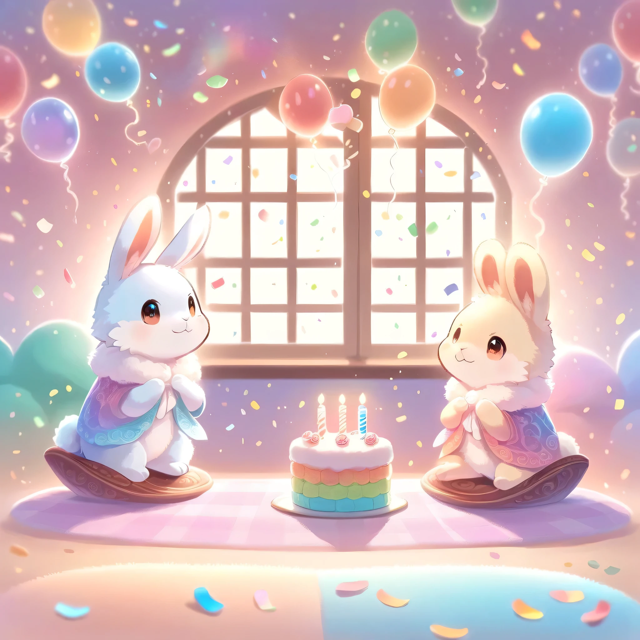 cuteAn illustration,Rabbit ergarten,Rabbit&#39;s Parent and Child:animal:cute:Get closer:Comfortable and warm:looks happy,An illustration,pop,colorful,color,,Lamp light,Rabbit&#39;s Parent and Child:Dreaming happy dreams,The room is warm and full of happiness.,,colorful,Fancy,Fantasy,patchwork:quilt,Detailed explanation,fluffy,Randolph Caldecott Style,rabbit,Very cuteRabbit,fluffyrabbit,birthday,Birthday Cake,Sparkling,Magic Effects,Magic Light,Magical Effects,Dream world,Wall decoration,celebration,Confetti,party