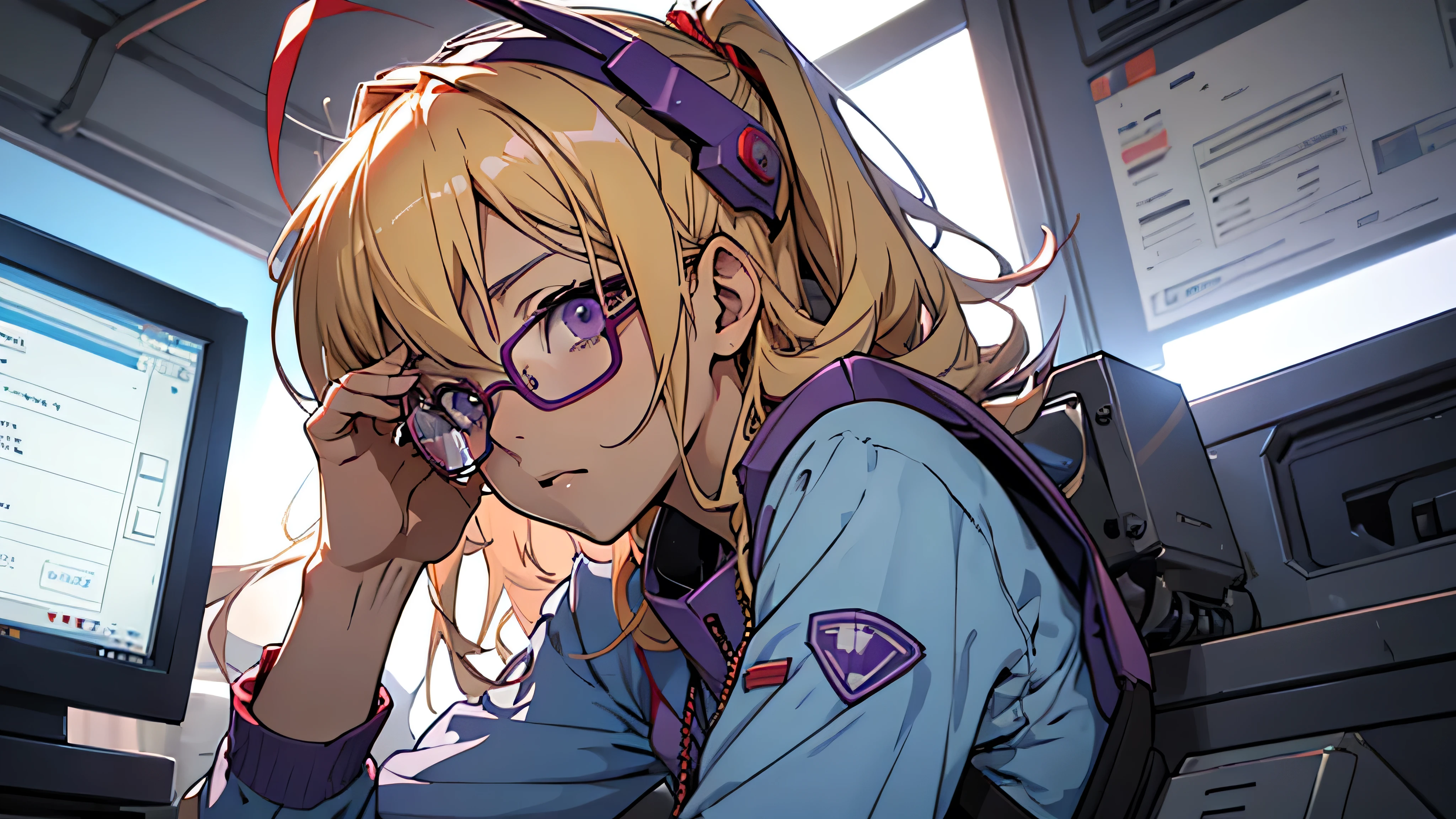 anime,An illustration,purple robot,Mobile Suit,Dom,Light blue check dress,Red glasses,Blonde,Light blue mesh hair,beautiful girl,Sora Sakurano,one person