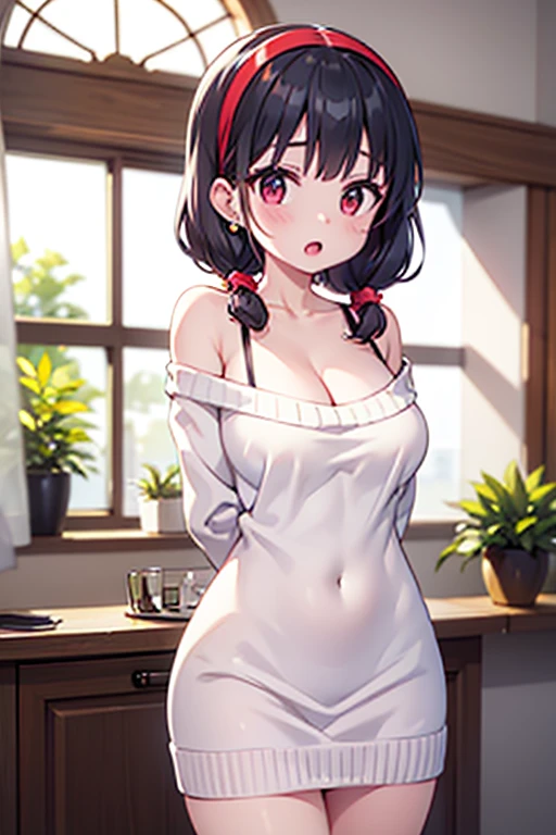 masterpiece, yor, 1girl, Bust b Cup, Amazing Cleavage:1.2, thin waist, big , Raised , medium : 1.2 posed cleavage:1.2、solo, looking at viewer, open mouth, black hair, red eyes, dress,  shoulders, jewelry, collarbone, sidelocks, hairband, earrings, indoors, off shoulder, :o, sweater, arms behind back, plant, short hair with long locks, white hairband, off-shoulder dress, sweater dress, off-shoulder sweater, red sweater, big side hair, very long side hair,is rendered in (masterpiece: 1.2, best quality), with (ultra high resolution) and an exquisite (depth of field). This masterpiece is not only visually stunning but also tells