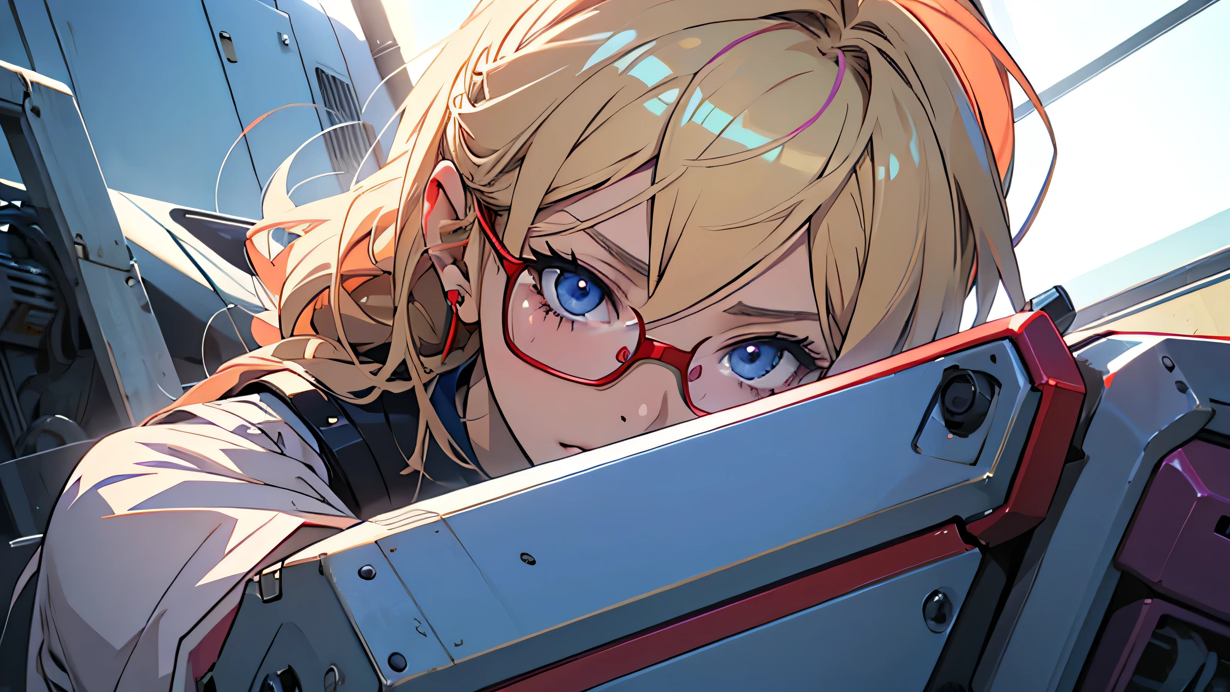 anime,An illustration,purple robot,Mobile Suit,Dom,Light blue check dress,Red glasses,Blonde,Light blue mesh hair,beautiful girl,Sora Sakurano,one person