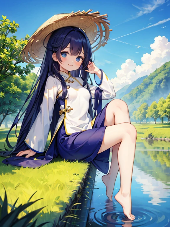 quality\(8k,wallpaper of extremely detailed CG unit, ​masterpiece,hight resolution,top-quality,top-quality real texture skin,hyper realisitic,increase the resolution,RAW photos,best qualtiy,highly detailed,the wallpaper,cinematic lighting,ray trace,golden ratio\), BREAK ,solo,1girl\(cute,kawaii,,smile,hair floating,hair color dark blue,long hair,eye color dark blue,big eyes,white ao dai,breast,,vietnamese hat,dynamic pose,dynamic angle,long shot\,full body), BREAK ,background\(outside,rice field\(vietnam\),at vietnam local village\),[nsfw:2.0],long shot,(when generating hand generate anatomically correct hand),generate anatomically correct foot