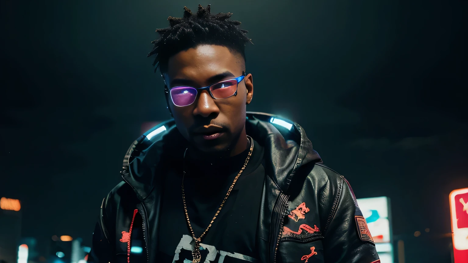 a black male,cyberpunk,gang member,playful,tech geek,illustration,ultra detailed,stark lighting,neon colors