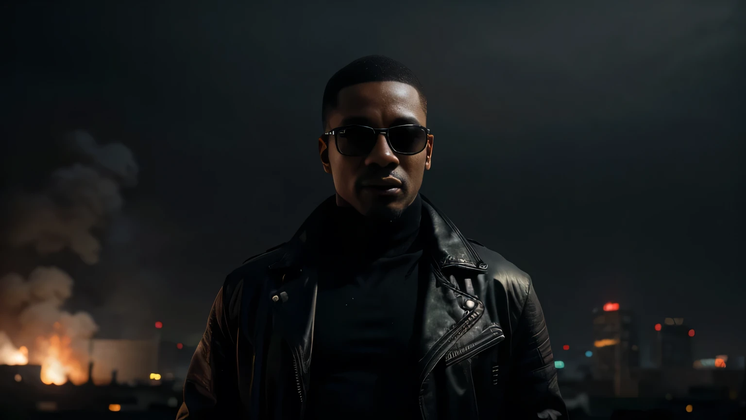 Completely dressed in black leather and sunglasses，A dimly lit cityscape with smoke in the background，The picture is based on a strong red tone。 (best quality,highres:1.2),ultra-detailed,[cyberpunk] killer,exotic weapon,smoke-filled atmosphere,ominous feeling,dark city skyline,haunting smile,outside a doorway,black leather jacket, sunglasses,mysterious,Black male,dangerous looking