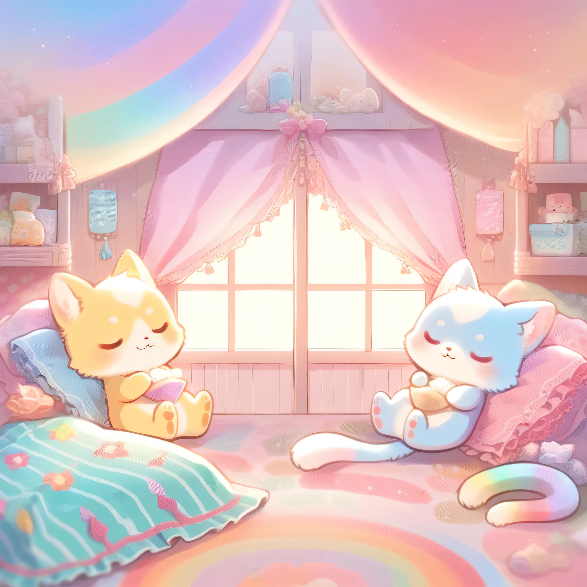 cuteAn illustration,Cat Kindergarten,Cat parent and child:animal:cute:Get close:sleep:Comfortable and warm:looks happy,An illustration,pop,colorful,color,dim,Lamp light,Cat parent and が眠っています:Dreaming happy dreams,The room is warm and full of happiness.,,colorful,Fancy,Fantasy,patchwork:quilt,Detailed explanation,fluffy,Randolph Caldecott Style,Cat,Very cute Cat,fluffyCat,Wide range of colors,Cast colorful spells