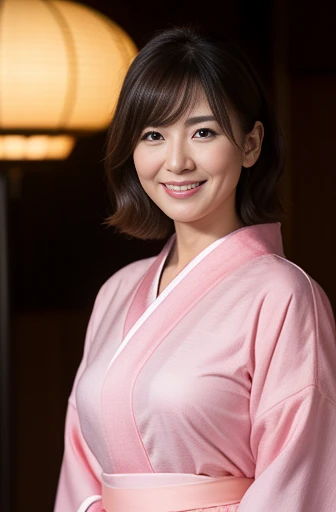 Masseter Film, highest quality, masterpiece, High resolution, realism, Original photo, 8k wallpaper, perfection, Professional Lighting, Very detailed, Written boundary depth, ((Beautiful woman in a sexy pink yukata)), ((Sexy 42 year old woman)),, ((smile)), Detailed face, Beautiful Eyes,, bangs, She has big breasts and a nice figure, (sexy look),, (Thick lips), Long legs,I can see your big breasts,View from the front,Night Festival,Exposing Skin