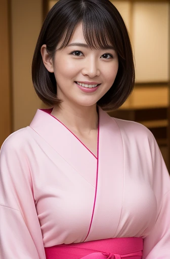 Masseter Film, highest quality, masterpiece, High resolution, realism, Original photo, 8k wallpaper, perfection, Professional Lighting, Very detailed, Written boundary depth, ((Beautiful woman in a sexy pink yukata)), ((Sexy 42 year old woman)),,  ((smile)), Detailed face, Beautiful Eyes,, bangs, She has big breasts and a nice figure, (sexy look),, (Thick lips), Long legs,I can see your big breasts,View from the front,Night Festival,Exposing Skin