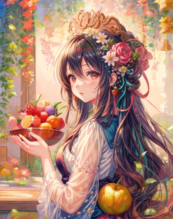anime girl with fruit and flowers in her hair, detailed digital anime art, detailed anime artwork, detailed anime art, anime illustration, digital anime illustration, anime visual of a cute girl, clean detailed anime art, beautiful anime artwork, beautiful anime art, high detailed official artwork, anime style illustration, anime graphic illustration, a beautiful artwork illustration