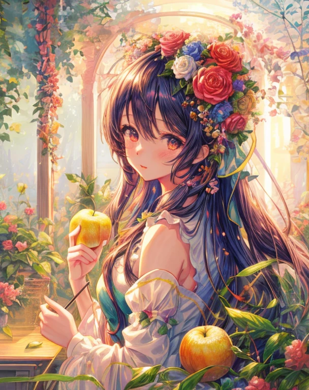 anime girl with fruit and flowers in her hair, detailed digital anime art, detailed anime artwork, detailed anime art, anime illustration, digital anime illustration, anime visual of a cute girl, clean detailed anime art, beautiful anime artwork, beautiful anime art, high detailed official artwork, anime style illustration, anime graphic illustration, a beautiful artwork illustration