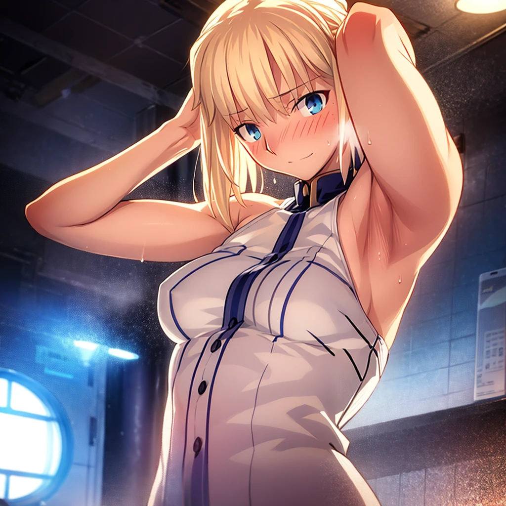 High resolution, {Things to know_f de stay night ufotable:1.15}, Rubio_ Best Quality, masterpiece, フルnude,Sweatだく,Blushing,smile,Armpitアップ,Sweat,Armpitを広げて見せている,bed,Moist,Blonde,whole body,pubic hairあり,Love juice,Armpit,side,sideの下,Armpitの下,sideアップ,Sweatをかいている,sideSweat,Upper Body, 1 person,sideズーム,Armpitズーム,Armpitを見せつける,sideを見せつける,Place your arms behind your head.,nude,Raise your arms, Inner cavity reflection,whole body,Two arms,Alone,sexy,1 personだけ,Looking at me,Semen dripping from the vagina,front,pubic hair,Obscene lines,Ray tracing,Slender body,E Cup,Embarrassing,Armpit強調,side強調,ArmpitSweat,sideSweat,Wet Skin,Noise Reduction,((Place your hands behind your head)),Emphasis on the crotch,Chest Enhancement,stage,Perfect lighting,顔はfrontを見ている,Look up,looking at the camera,真front,I don't want to go away.,体をfront,両Raise your arms,Place your arms behind your head.,Embarrassing,Hands behind head,Hotel Rooms,bedの上,Armpit見せポーズ,side見せポーズ,Covered in semen all over the body,No clothes,全naked,naked