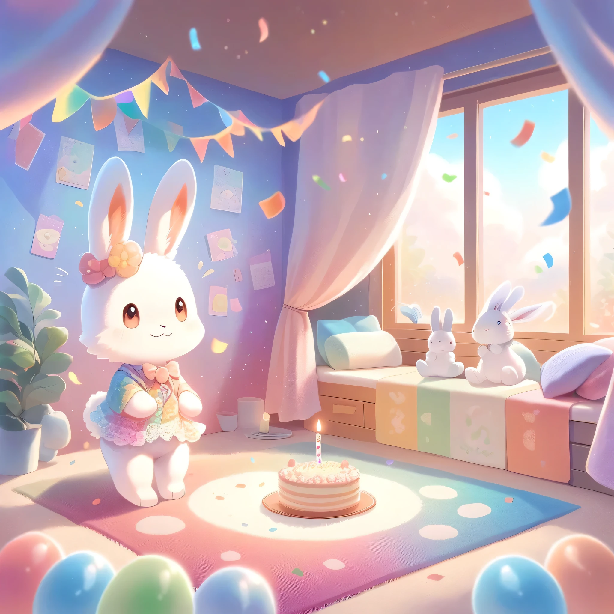 cuteAn illustration,Rabbit ergarten,Rabbit&#39;s Parent and Child:animal:cute:Get closer:Comfortable and warm:looks happy,An illustration,pop,colorful,color,,Lamp light,Rabbit&#39;s Parent and Child:Dreaming happy dreams,The room is warm and full of happiness.,,colorful,Fancy,Fantasy,patchwork:quilt,Detailed explanation,fluffy,Randolph Caldecott Style,rabbit,Very cuteRabbit,fluffyrabbit,birthday,Birthday Cake,Sparkling,Magic Effects,Magic Light,Magical Effects,Dream world,Wall decoration,celebration,Confetti,party