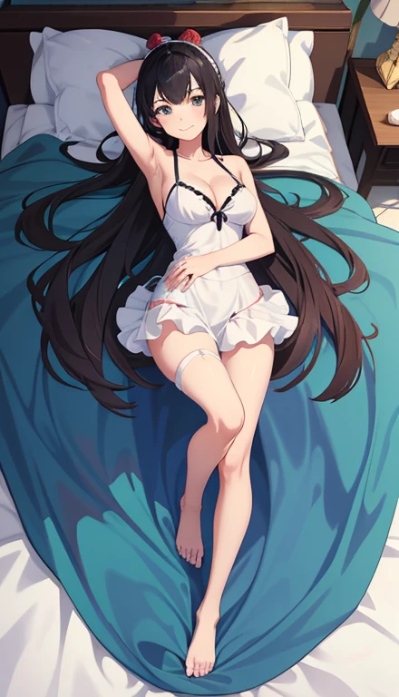 ,seductive Anime Girls, beautiful alluring Anime Women, Beautiful and attractive anime , beautiful Anime Women, attractive Anime Girls, beautiful Anime Girls, Smooth anime CG art, (Anime Girls), Long Hair, Anime Girls, Anime Women, Highly detailed art gems、After bath、Lying on your back、Lying down、Elevate your legs、White lace sleeveless、See-through white shorts、Perfect clothing for the skin、Thighs、Large Breasts、Ample breasts、Deep cleavage、just out of the bath、Embarrassed、smile、bed、Black Hair、はだけたThighs、Spread your legs、Transparency、Transparent service、clavicle