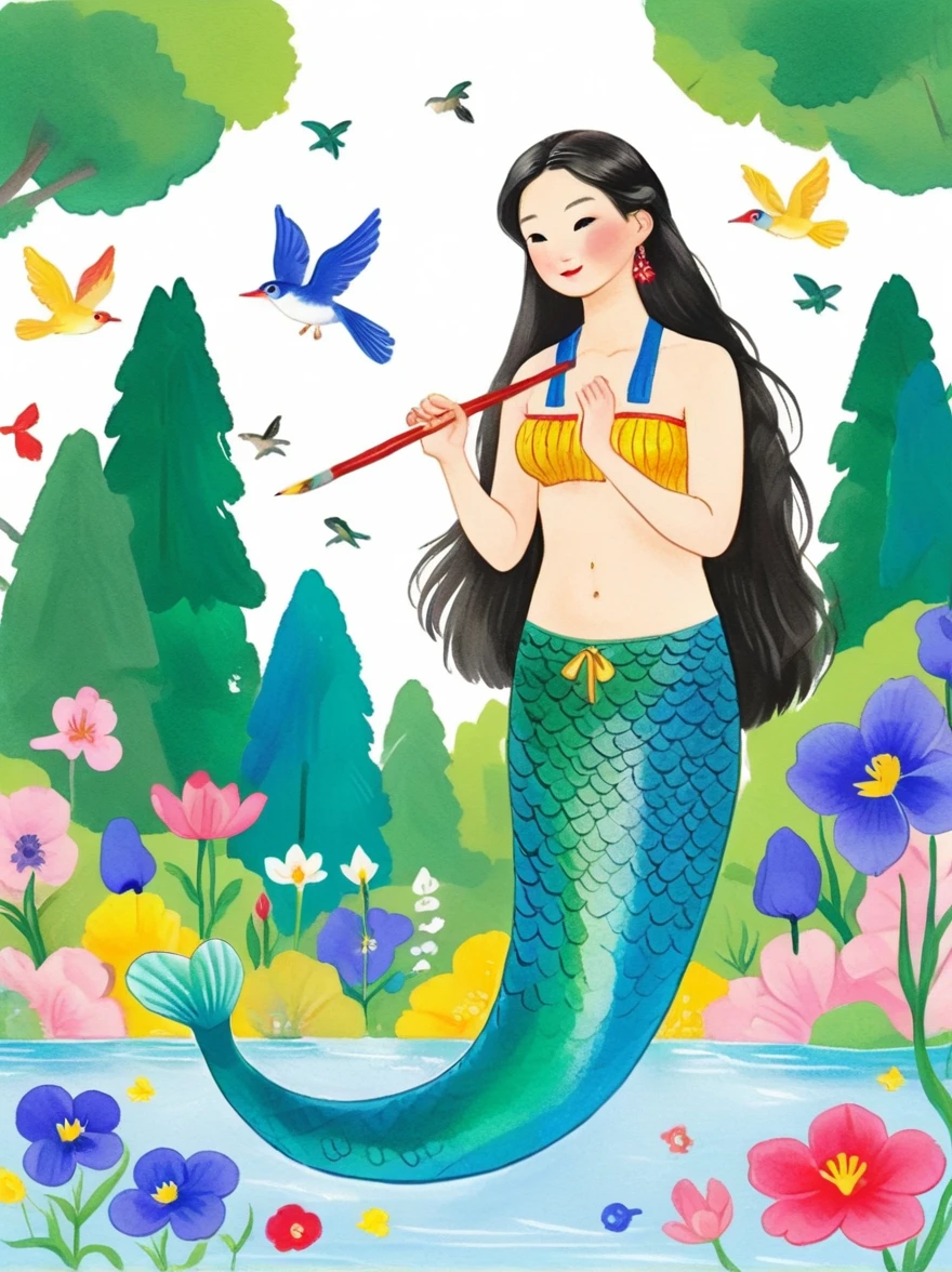 Create an image of an Asian mermaid with long hair in a forest setting, surrounded by birds, wildflowers, and irises. The artwork should transition from a pencil drawing style in black and white on the left half to vibrant colors on the right half. Ensure a seamless integration between the two halves without any dividing line. The scene is identical on both sides, with the left side featuring detailed black and white pencil strokes and the right side filled with colors, creating a harmonious blend across the image.