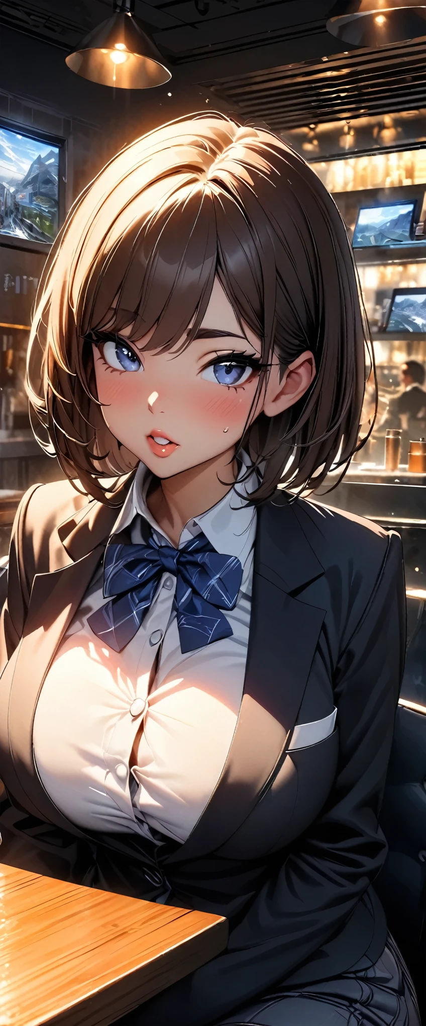 (highest quality, 4k, 8K, High resolution, masterpiece:1.2), Super detailed, Cafe, Atmospheric coffee shop, night time, (1 person, JK, , blazer, open the front, white shirt, blue tie, pleated skirt, mini skirt, black socks), (smile), glossy lips, soft lips, view audience, Red hair, very short hair, cute, genuine, young beauty, close-up shot of face,
