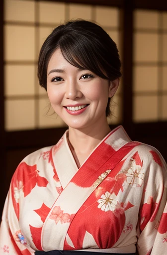 Masseter Film, highest quality, masterpiece, High resolution, realism, Original photo, 8k wallpaper, perfection, Professional Lighting, Very detailed, Written boundary depth, ((Beautiful woman wearing a sexy floral yukata)), ((Sexy 42 year old woman)),, ((smile)), Detailed face, Beautiful Eyes,, bangs, She has big breasts and a nice figure, (sexy look),, (Thick lips), Long legs,I can see your big breasts,View from the front,Night Festival,Exposing Skin