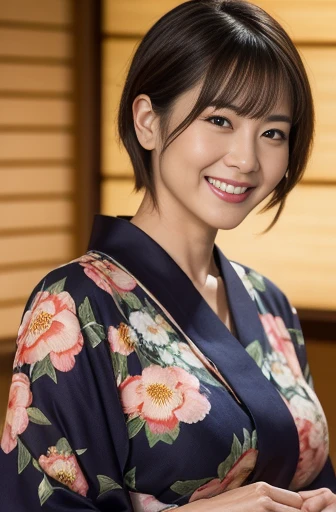 Masseter Film, highest quality, masterpiece, High resolution, realism, Original photo, 8k wallpaper, perfection, Professional Lighting, Very detailed, Written boundary depth, ((Beautiful woman wearing a sexy floral yukata)), ((Sexy 42 year old woman)),, ((smile)), Detailed face, Beautiful Eyes,, bangs, She has big breasts and a nice figure, (sexy look),, (Thick lips), Long legs,I can see your big breasts,View from the front,Night Festival,Exposing Skin