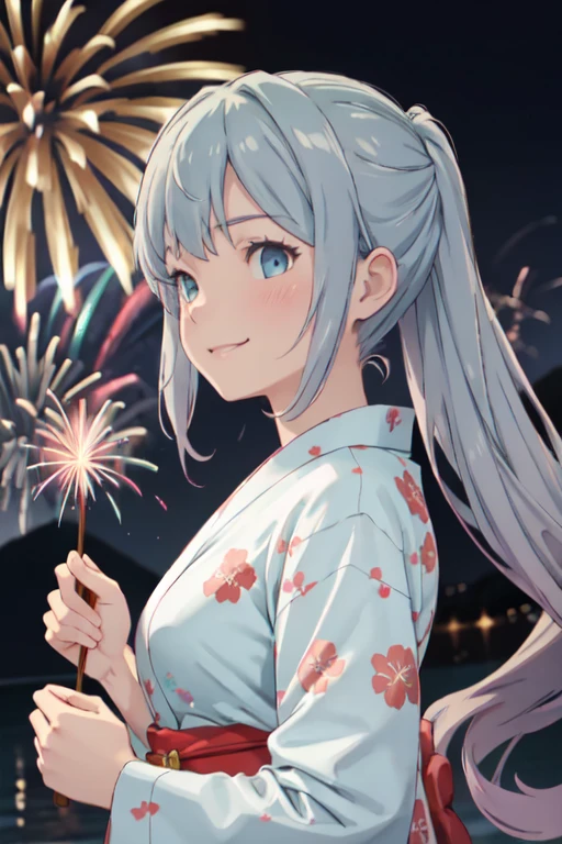 best quality,masterpiece, high res, beautiful detailed eyes,ultra-detailed, mejiro ardan \(umamusume\), ear ornament,horse ears, horse tail,bewitching poses, small buttocks, ((pink floral yukata, geta), gentle smile, fireworks in the night sky, fireworks on the background, low angle from below