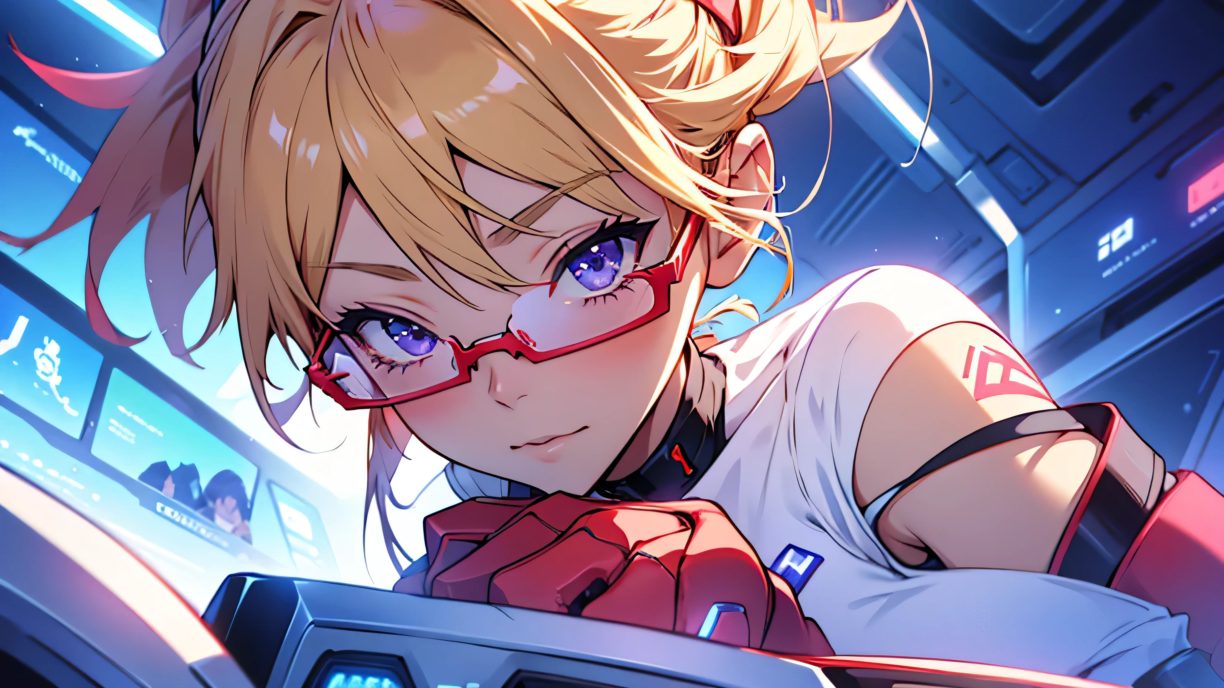 anime　An illustration　Purple Robot　Dom　Light blue check dress　Red glasses　Blonde　Light blue mesh　beautiful girl　Sora Sakurano　clear　one person