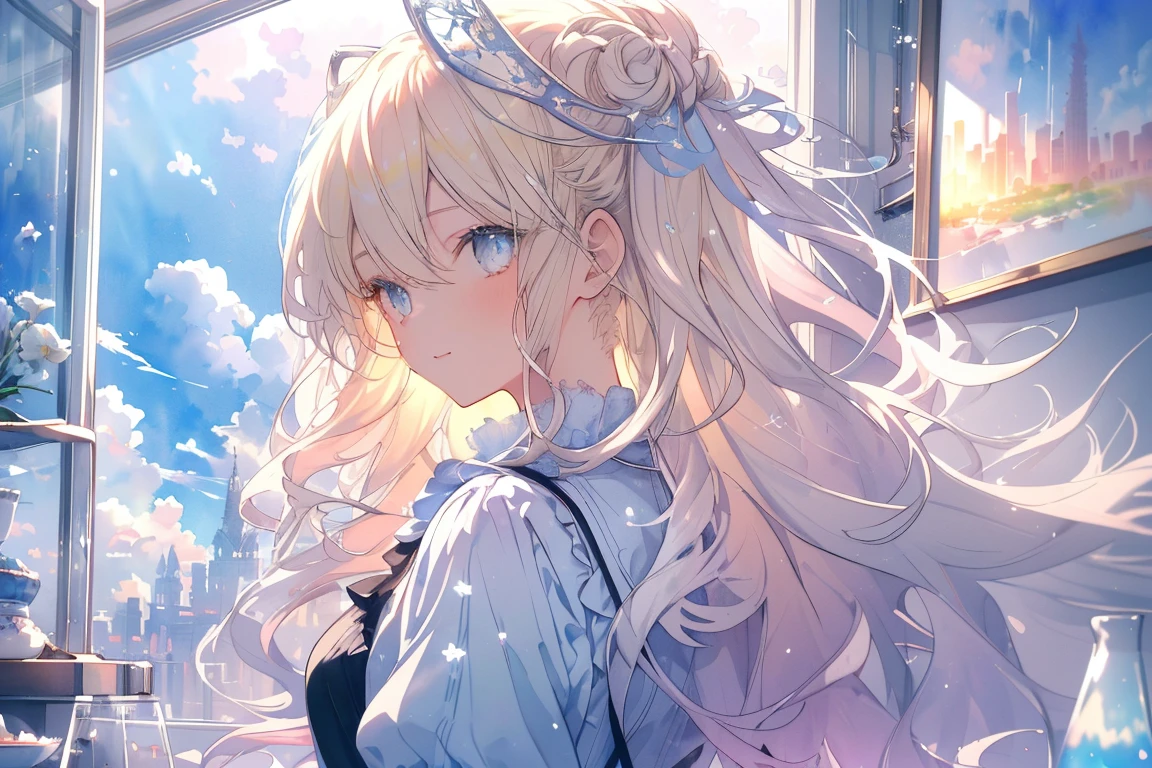 ((super detailed),sky background,beautiful clouds,The light from the back window is backlit.,element,Watercolor pattern in calm colors),(watercolor texture), ((1 girl),long gray hair,blonde hair,blue eyes,adorable,Angelic),light smile,lolita prostitute,best image quality
