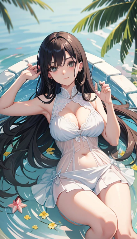 ,seductive Anime Girls, beautiful alluring Anime Women, Beautiful and attractive anime , beautiful Anime Women, attractive Anime Girls, beautiful Anime Girls, Smooth anime CG art, (Anime Girls), Long Hair, Anime Girls, Anime Women, Highly detailed art gems、After bath、Lying on your back、Lying down、Elevate your legs、White lace sleeveless、See-through white shorts、Perfect clothing for the skin、Thighs、Large Breasts、Ample breasts、Deep cleavage、just out of the bath、Embarrassed、smile、On the grass in the park、Black Hair、はだけたThighs、Spread your legs、Transparency、Transparent service、clavicle