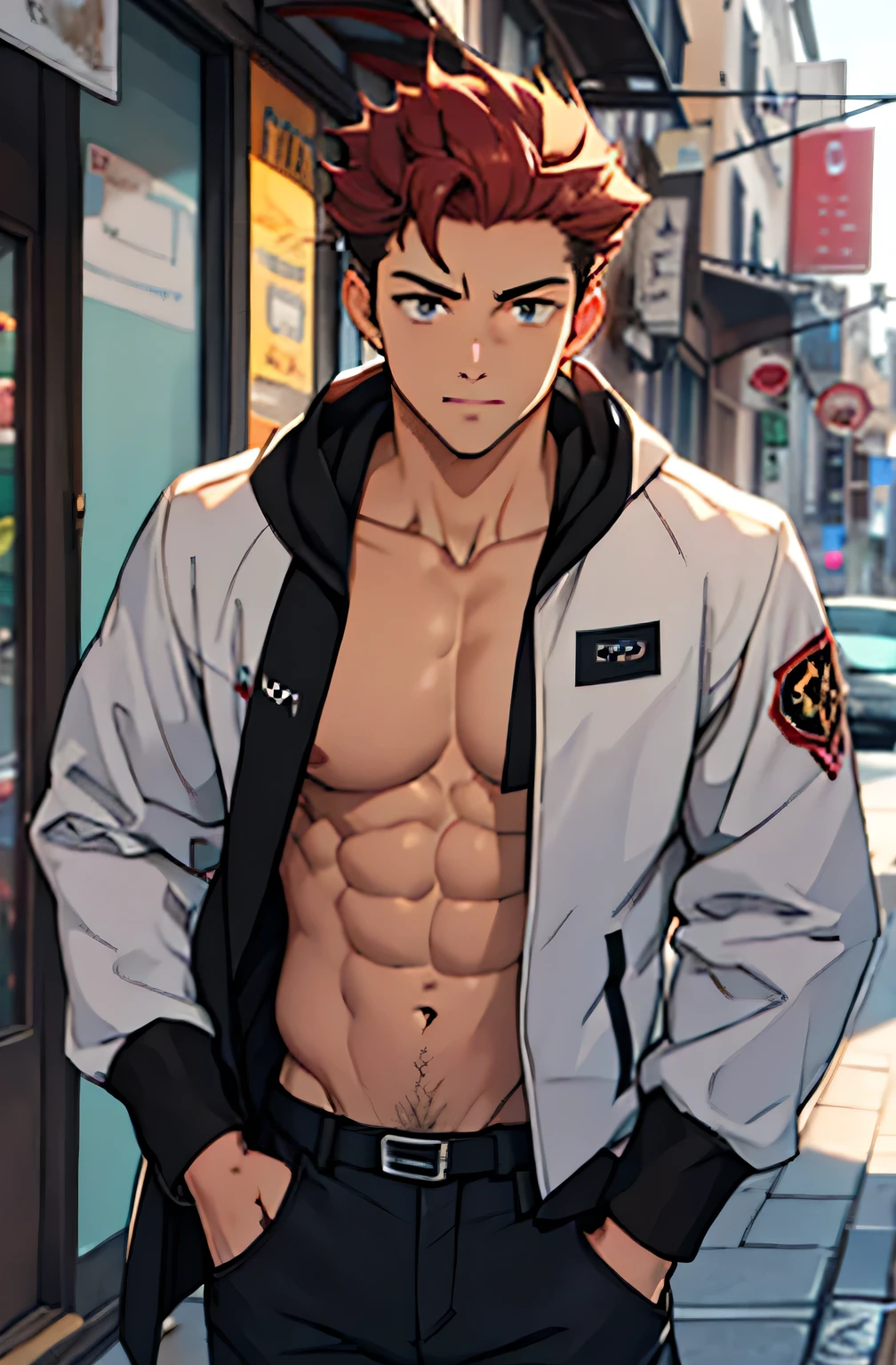 A mais alta qualidade, em uma rua parecida com Nova York, apoiado em um dos postes, adolecente, lion men, wearing a cold jacket,  expressao divertida, masculo, chest a tight in the jacket, (angulo de baixo), pernas definidas, defined arms, abdomen definido, com a camisa,very muscular 