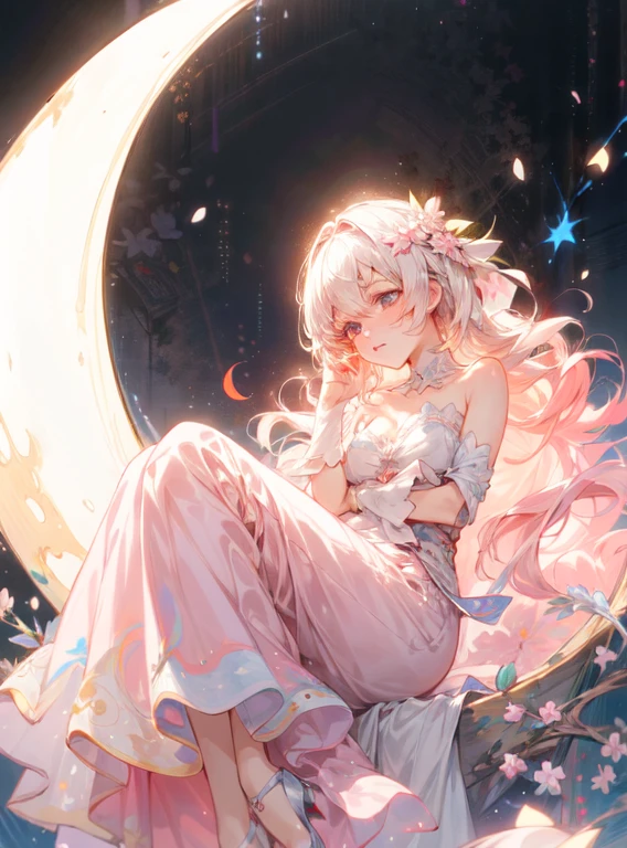 anime girl sitting on a crescent moon 🌙 with a pink dress and a flower, beautiful anime, guweiz on pixiv artstation, beautiful fantasy anime, beautiful anime art, digital art on pixiv, beautiful anime artwork, anime fantasy illustration, guweiz, guweiz on artstation pixiv, beautiful anime girl, trending on artstation pixiv, pixiv