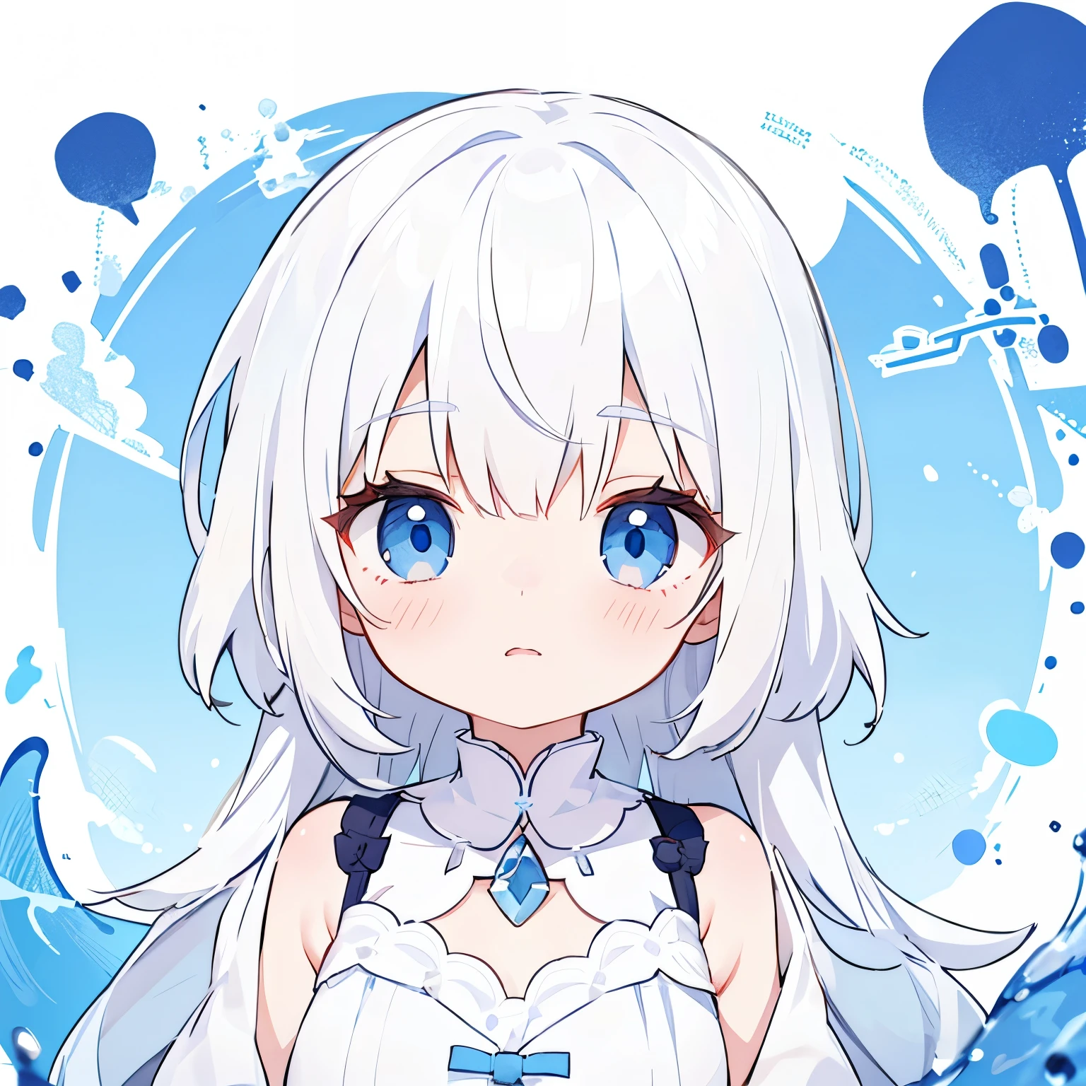 A girl,(chibi:0.8),solo,blue eyes,white hair,wearing white dress 