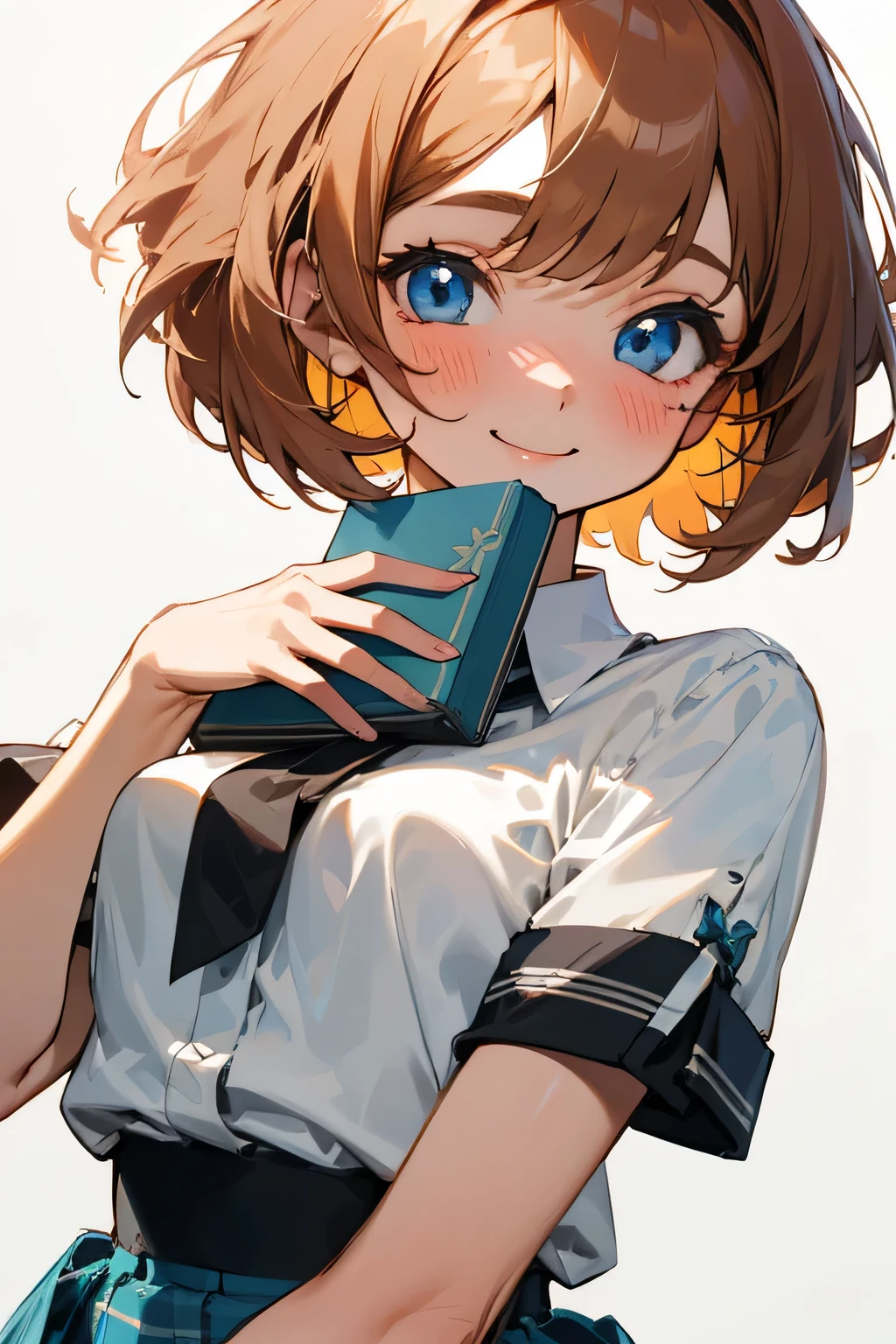 16-year-old girl、Chestnut Hair、Bobcut, Blue Eyes、smile、blush、Small breasts、white blouse shirt、Checked mini skirt、Upper body close-up、Holding a book
