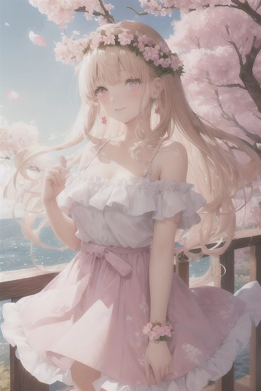 art by Cornflower, dreamy
cherry_blossoms, falling_petals, petals, branch, pink_flower, 1girl,20-year-old, blue_sky, spring_\(season\), petals_on_liquid, flower, hanami, dress, (Long blond curly hair:1.5),Wearing a wreath,sky, outdoors, cloud, bangs, smile, pink_eyes, White skirt with cherry blossom embellishments, bare_shoulders, earrings, holding_flower, wind, tree, looking_at_viewer,cowboy shot,