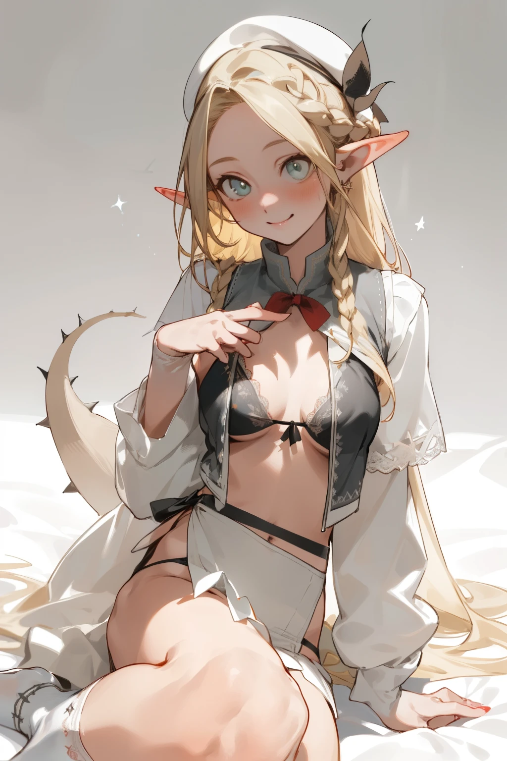 A bikini、girl in a hat,(masterpiece, best quality) detailed,silver accessories , Blonde ,elegant, Pointed ears ,White shirt,Double tail,Waist-length hair,Smile,Star decoration,White lace socks,thorns,Rose,Vest line