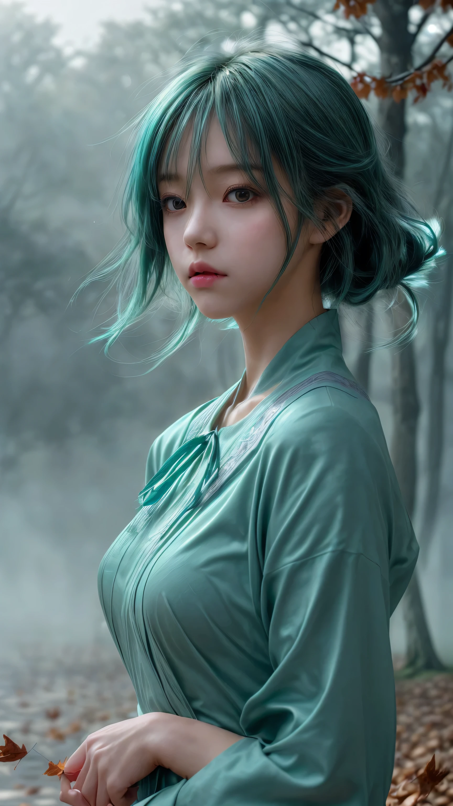 (High Detail:1.2)Anime Girl,(Movie Lighting,Delicate colors),(Fallen Leaves:1.2), Soft lighting, wind, FOG. turquoise, Delta Shade. No banner