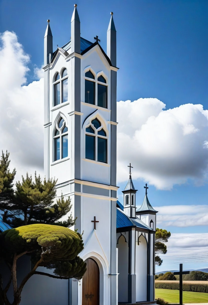((( exterior church :1.3 ))), contemporary style, white wall, STONE wall, GREY STEEL AND GLASS door window, (realistic:1.1), Masterpiece, high quality, best quality, authentic, super detail, outdoors,road,pavement, grass, trees, sky, cloud, (daylight:1.3), BLUE ROOF
