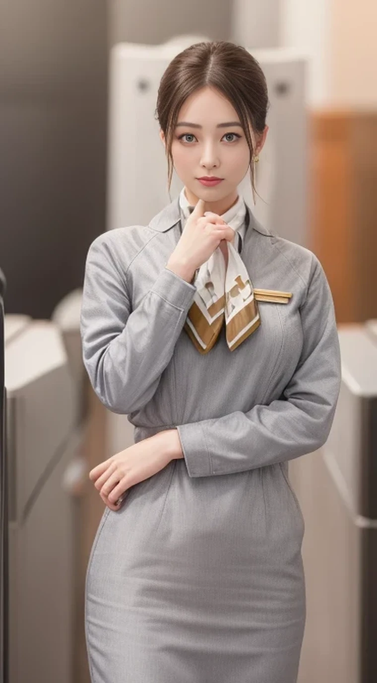 Starlux Airlines silver short sleeve uniform、Earrings、Captivating look、Long hair updo、Evening updo、Young Japanese Woman