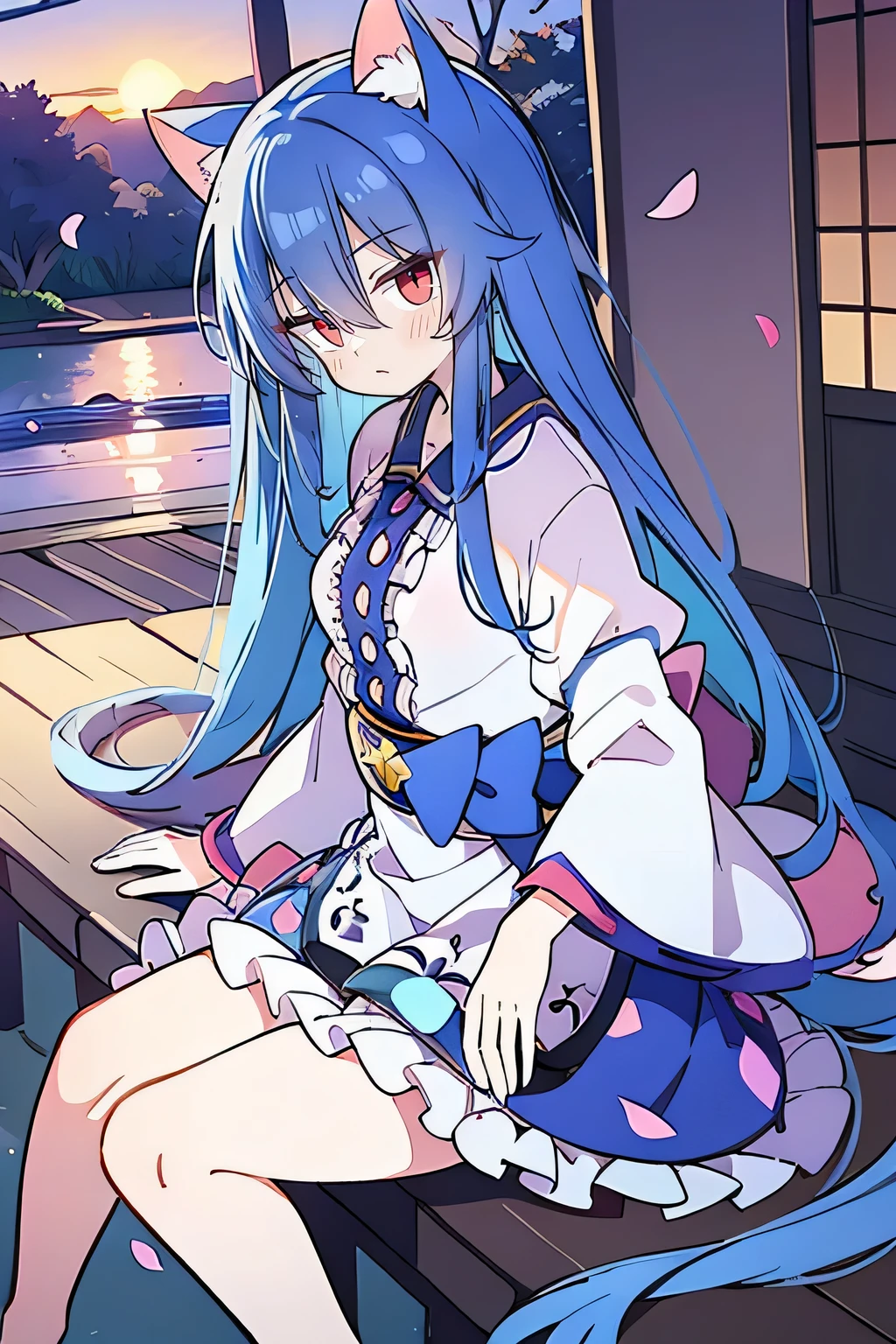 (masterpiece:1.2),Super detailed,Practical,expressive eyes,Fair skin,Perfect face shaping,1 Girl,
Japanese cartoons,Gorgeous blue hair, the long flowing blue hair,Floating clothes,Cat ears,Petals falling,beautiful lola,Young Angel,
Hands on waist,sit elegantly on the ground,Cross your legs,Gentle and peaceful background,Cool and cozy pavilion,Sunset,