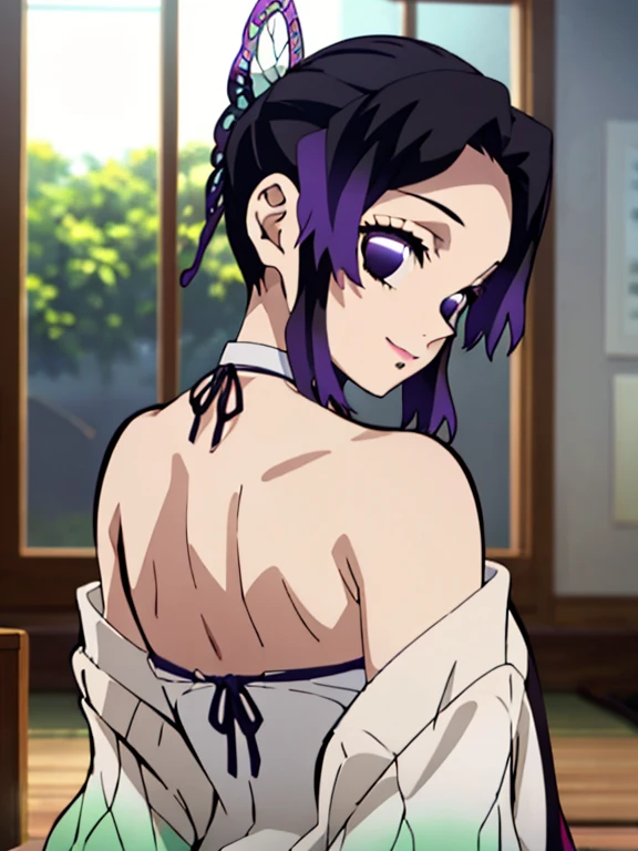 EFT_Shinobu, 1girl, kochou shinobu, butterfly hair ornament, solo, hair ornament, purple hair, multicolored hair, purple eyes, black hair, medium breast, seductive smile, looking at viewer, blurry background, indoors, japanese house, half body, slim, ((masterpiece)), best quality, high detailed illustration, high detailed background, hi-res, standing, upper body, (bikini), showing her back