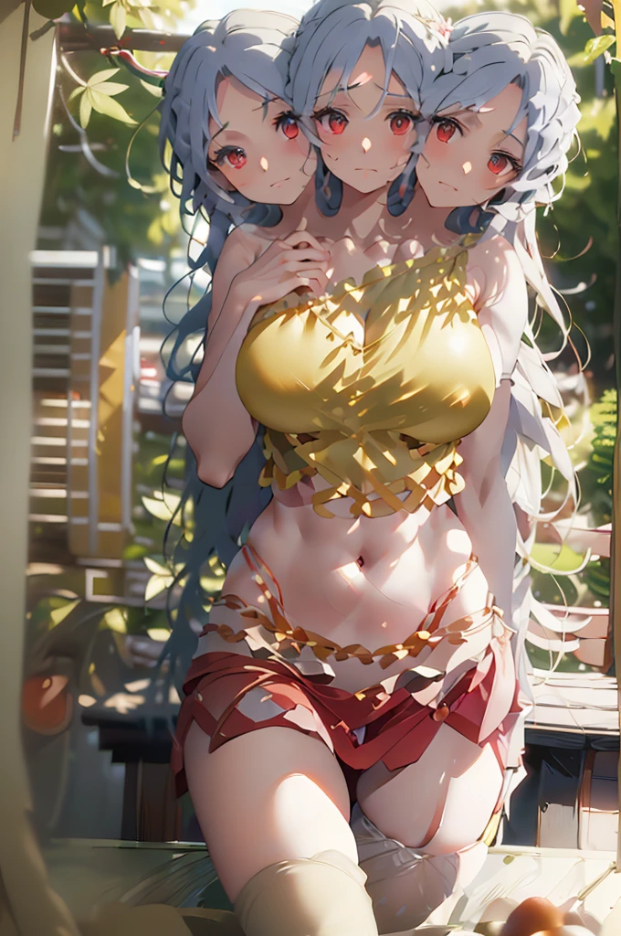 (masterpiece, best quality), best quality, (ultra-detailed), (3heads:1.5), 1girl, (nemuno sakata:1.3), masterpiece, best quality, ultra quality, ultra resolution, ultra detail, yellow/gold and orange top, crop top, ((stomach)), midriff, ((groin)), red skirt, normal ears, shackles, waist-length grey hair, very long hair, wavy hair, sidelocks, red eyes, very detailed eyes, parted lips, sweat, cute, open belly, toned belly, hand on own chest, eyelashes, (24 year old woman:1.3), (masterpiece:1.5), (best quality:1.5), (beautiful detailed extremely detailed CG, extremely delicate and beautiful, depth of field, (finely detailed face), (perfect details:1.2), (mature female:1.4), wide pelvis, slender, large veiny breast, 16k resolution, highres, very high quality, very high definition, extremely detailed, masterpiece, waist-length grey hair, long hair, alluring presence, braid, short skirt, close up, big tits, young,