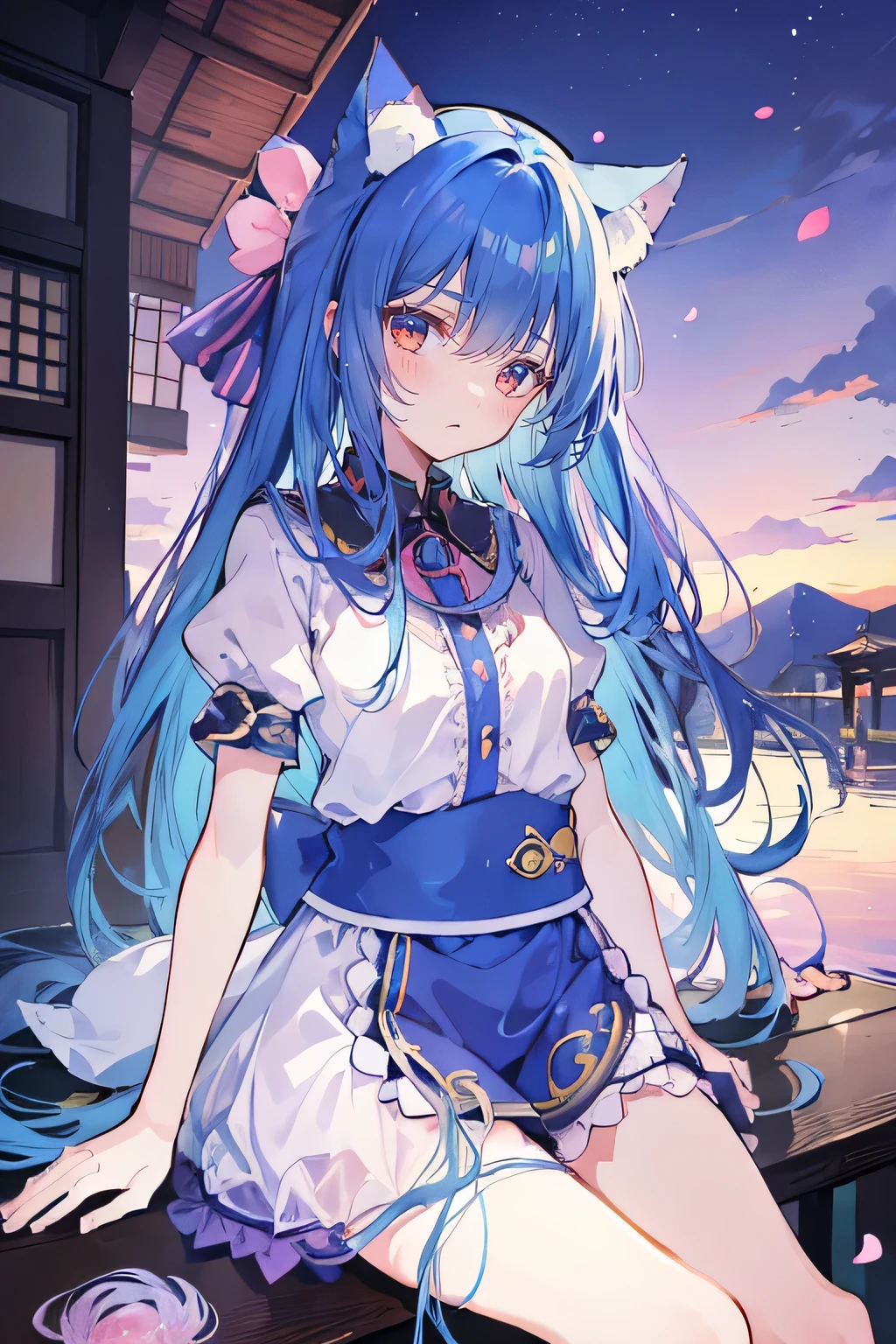 (masterpiece:1.2),Super detailed,Practical,expressive eyes,Fair skin,Perfect face shaping,1 Girl,
Japanese cartoons,Gorgeous blue hair, the long flowing blue hair,Floating clothes,Cat ears,Petals falling,beautiful lola,Young Angel,
Hands on waist,sit elegantly on the ground,Cross your legs,Gentle and peaceful background,Cool and cozy pavilion,Sunset,