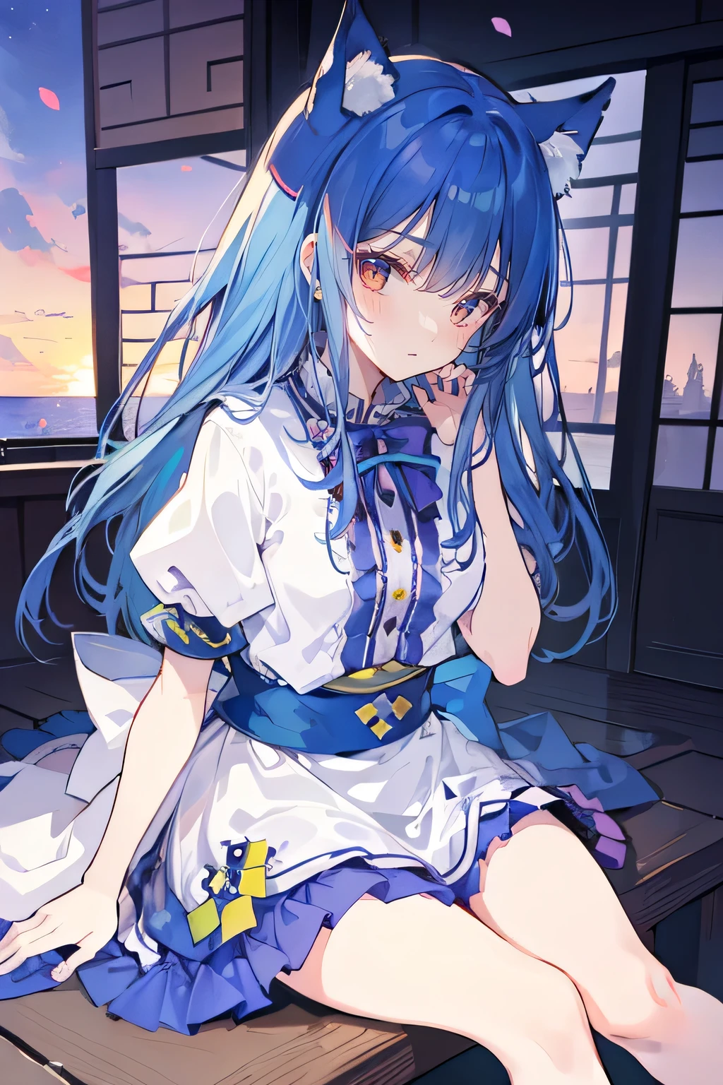 (masterpiece:1.2),Super detailed,Practical,expressive eyes,Fair skin,Perfect face shaping,1 Girl,
Japanese cartoons,Gorgeous blue hair, the long flowing blue hair,Floating clothes,Cat ears,Petals falling,beautiful lola,Young Angel,
Hands on waist,sit elegantly on the ground,Cross your legs,Gentle and peaceful background,Cool and cozy pavilion,Sunset,