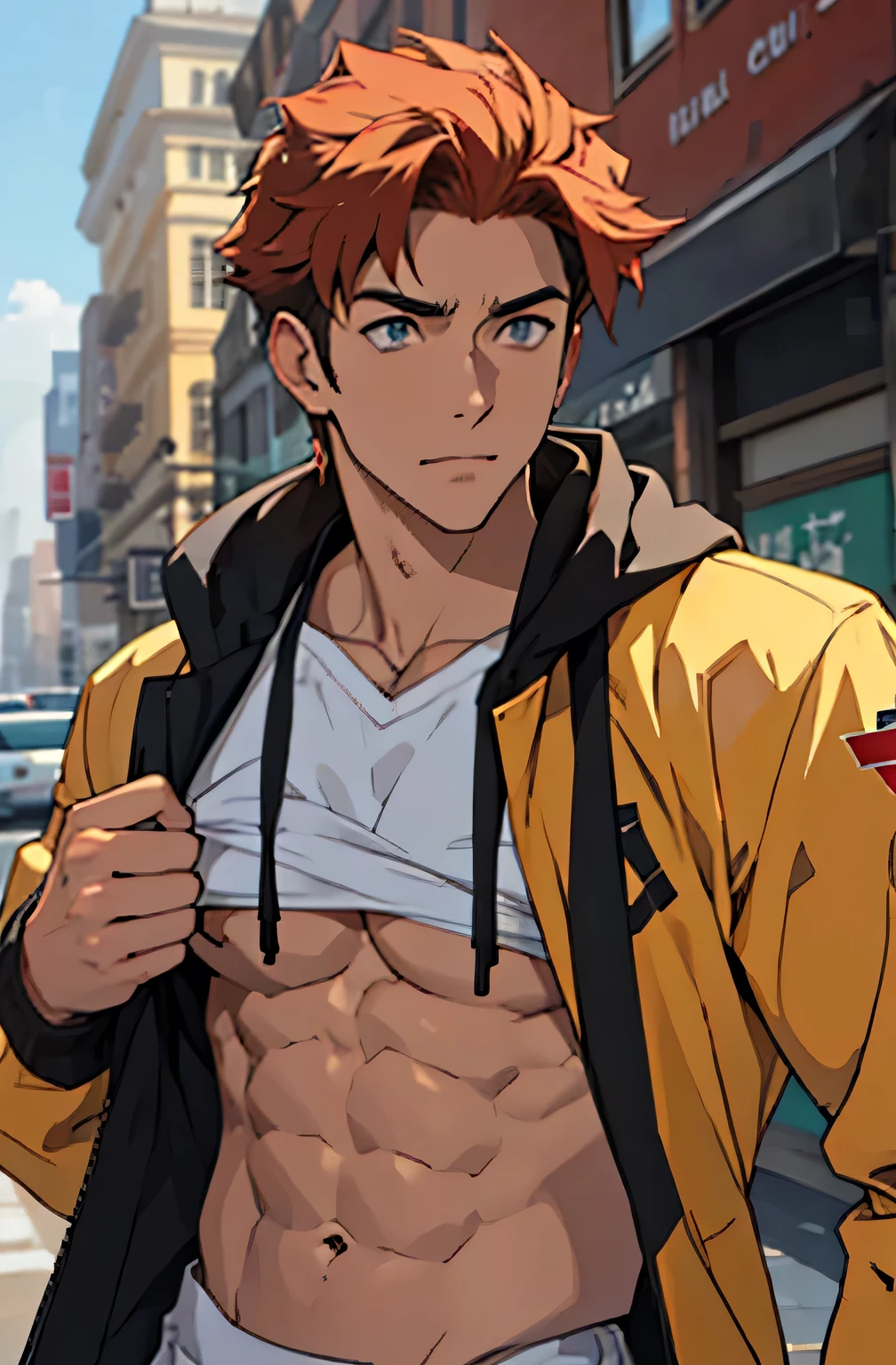 A mais alta qualidade, em uma rua parecida com Nova York, apoiado em um dos postes, adolecente, lion men, wearing a cold jacket,  expressao divertida, masculo, chest a tight in the jacket, (angulo de baixo), pernas definidas, defined arms, abdomen definido, com a camisa,very muscular 