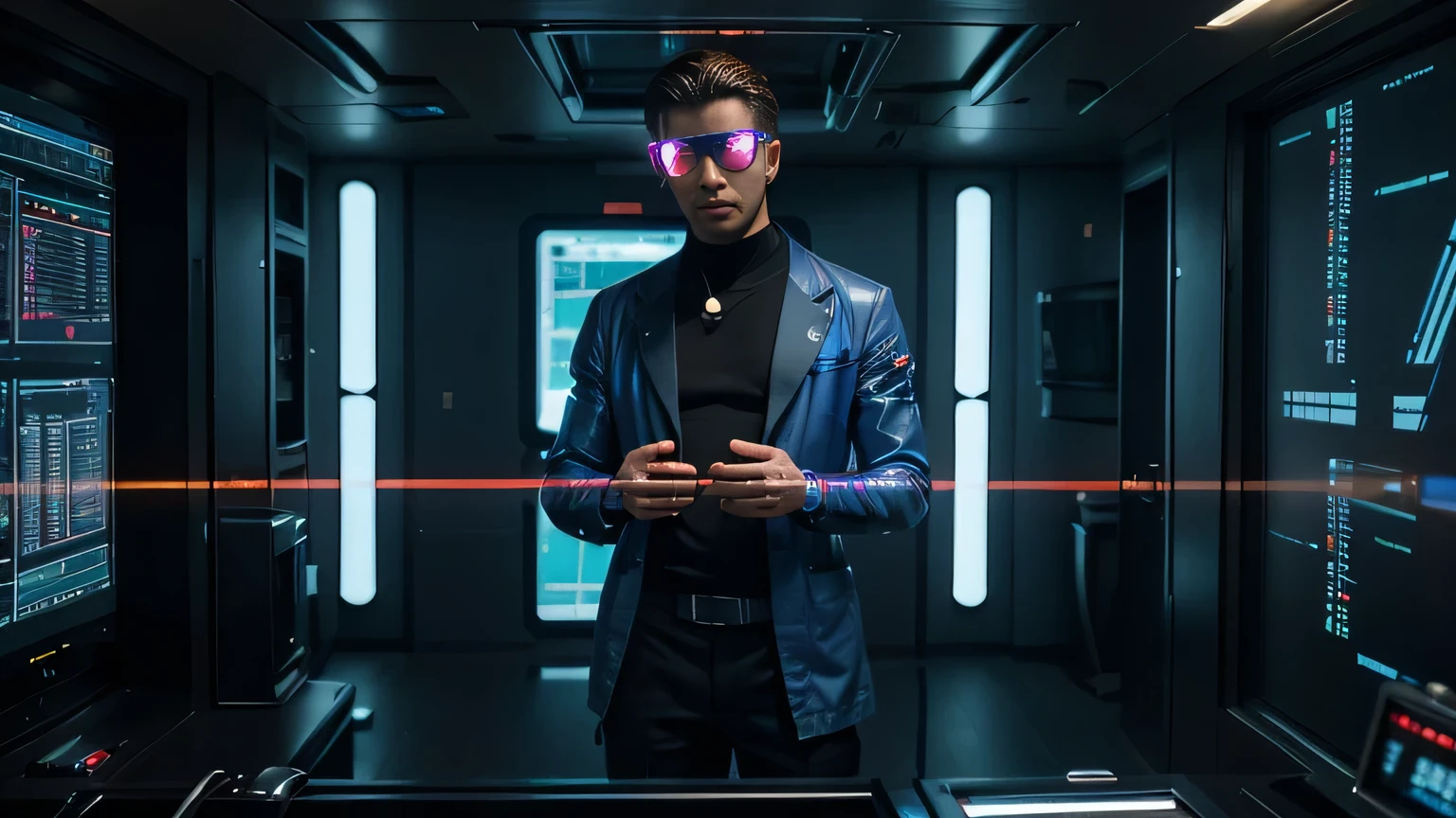 In a futuristic cyberpunk world, a high-class doctor from the elite society uses advanced technology to perform intricate medical procedures on wealthy clients. (best quality, 4k, highres, masterpiece:1.2), ultra-detailed, (realistic, photorealistic, photo-realistic:1.37), HDR, UHD, studio lighting. The doctor is dressed in a sleek, black tailored suit and wears a high-tech visor that displays holographic medical data. The doctor's laboratory is filled with state-of-the-art medical equipment, including robotic arms, surgical lasers, and glowing vials of futuristic medicine. The lab is illuminated by neon lights that cast a vibrant glow on the doctor's face and the surrounding equipment. The doctor's intricate and precise movements demonstrate their expertise and mastery of their craft. The cybernetic enhancements on the doctor's hands and arms indicate their advanced surgical skills. The doctor's operating table is equipped with a transparent holographic display that shows detailed 3D renderings of the patient's anatomy. The operation takes place in a luxurious penthouse overlooking a sprawling metropolis, with towering skyscrapers and flying cars visible through the floor-to-ceiling windows. The penthouse is adorned with extravagant art pieces and modern furnishings, creating an atmosphere of wealth and sophistication. The color scheme of the scene is dominated by deep blues and vibrant neon lights, giving it a futuristic and mysterious ambiance. The prompt portrays the essence of a highly skilled and technologically advanced cyberpunk doctor operating in a luxurious setting.