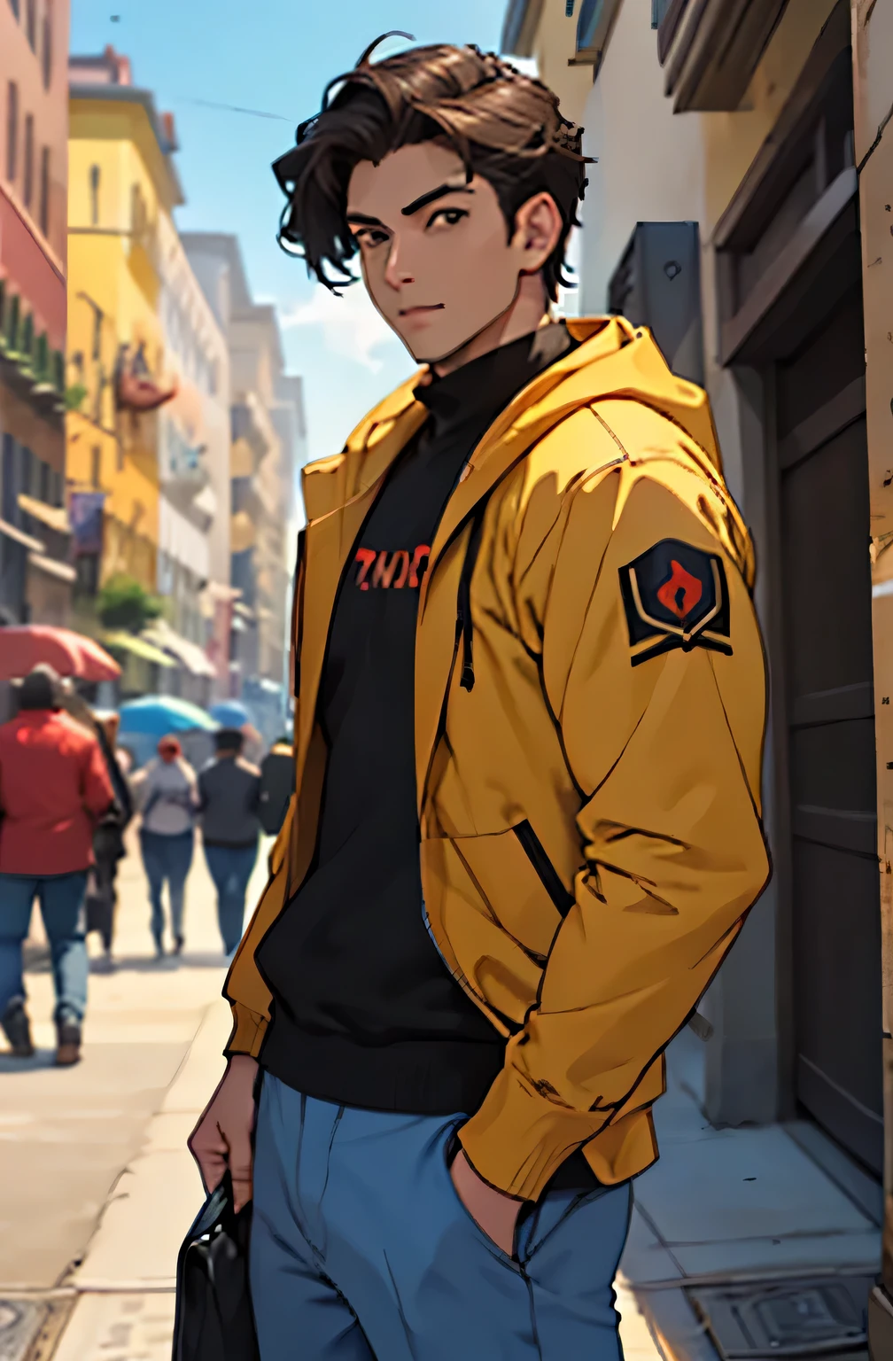 A mais alta qualidade, em uma rua parecida com Nova York, apoiado em um dos postes, adolecente, lion men, wearing a cold jacket,  expressao divertida, masculo, chest a tight in the jacket, (angulo de baixo), pernas definidas, defined arms, abdomen definido, com a camisa,very muscular 