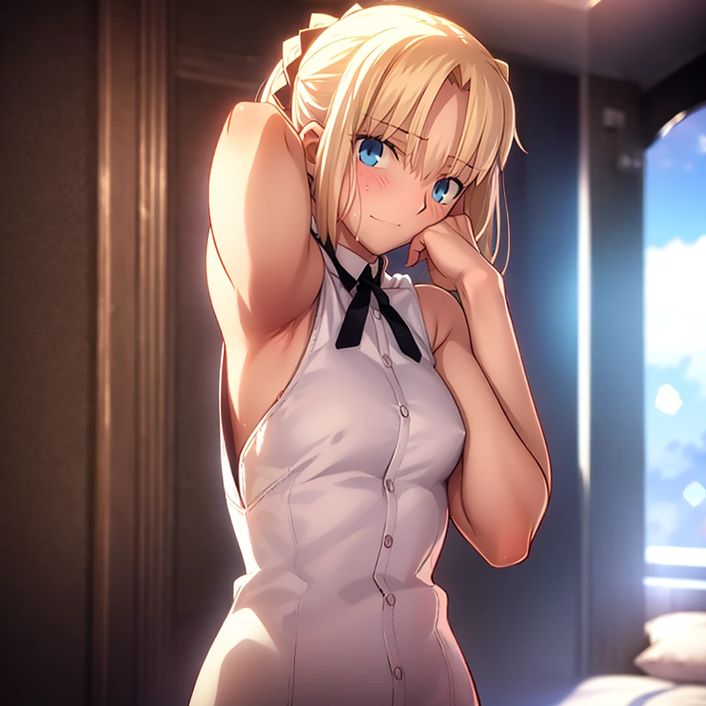 High resolution, {Things to know_f de stay night ufotable:1.15}, Rubio_ Best Quality, masterpiece,nude,Sweatだく,Blushing,smile,Armpitアップ,Sweat,Armpitを広げて見せている,bed,Moist,Blonde,whole body,pubic hairあり,Love juice,Armpit,side,sideの下,Armpitの下,sideアップ,Sweatをかいている,sideSweat,Upper Body, 1 person,sideズーム,Armpitズーム,Armpitを見せつける,sideを見せつける,Place your arms behind your head.,nude,Raise your arms, Inner cavity reflection,whole body,Two arms,Alone,sexy,1 personだけ,Looking at me,Semen dripping from the vagina,front,pubic hair,Obscene lines,Ray tracing,Slender body,E Cup,Embarrassing,Armpit強調,side強調,ArmpitSweat,sideSweat,Wet Skin,Noise Reduction,((Place your hands behind your head)),Emphasis on the crotch,Chest Enhancement,stage,Perfect lighting,顔はfrontを見ている,Look up,looking at the camera,真front,I don't want to go away.,体をfront,両Raise your arms,Place your arms behind your head.,Embarrassing,Hands behind head,Hotel Rooms,bedの上,Armpit見せポーズ,side見せポーズ,Covered in semen