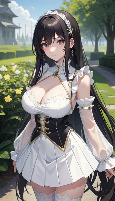 ,seductive Anime Girls, beautiful alluring Anime Women, Beautiful and attractive anime , beautiful Anime Women, attractive Anime Girls, beautiful Anime Girls, Smooth anime CG art, (Anime Girls), Long Hair, Anime Girls, Anime Women, Highly detailed art gems、White lace sleeveless、Sheer white mini skirt、Perfect clothing for the skin、Thighs、Large Breasts、Ample breasts、Deep cleavage、Embarrassed、smile、On the grass in the park、Black Hair、はだけたThighs、Transparency、Transparent service、clavicle、female knight、No Armor、Model standing