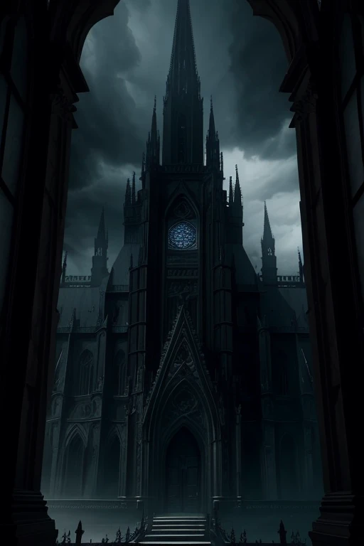best quality, highres, HDR, dark, mysterious, ominous atmosphere, gothic architecture, towering spires, intricate details, intricate stained glass windows, menacing shadows, flickering candlelight, eerie atmosphere, stormy clouds, grand entrance, ancient stone carvings, elaborate gargoyles, hauntingly beautiful, surreal atmosphere, supernatural elements, dramatic lighting, ethereal presence, otherworldly beauty, demonic presence