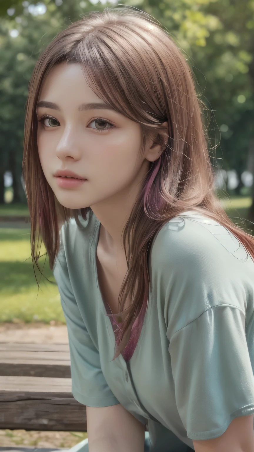 One girl,Green Eyes, Pink Hair, Sitting on a bench, at the park, Side Shot, From the side, look up, (masterpiece), 最high quality, 最high quality, Very detailed CG ユニティ 8k 壁紙, Detailed and complex, original,High resolution, Dynamic Angle, (I can see your face:0.6), (RAWphotograph, 最high quality), (Realistic, photo-Realistic:1.2), high quality, (Skin with attention to detail:1.4), Puffy eyes, Gorgeous Hair, Ultra Sharp, Realistic Lighting, Realistic shade, Lighting, Cinematic, photograph, Film Grain, realism, Smooth skin, Beautiful Face, Aesthetic body, Realistic, (Cinematic, 最high quality, masterpiece, Ultra HD Textures, Very detailed, hyper Realistic, Intricate details, 8k, photoRealistic, Concept Art) , 