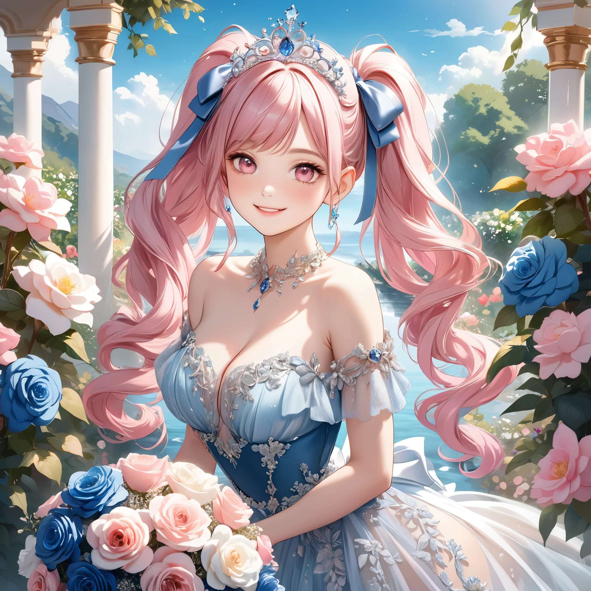 (8K, masutepiece, Highest Quality, Best Quality, Official art, Breathtaking beauty and aesthetics, A highly detailed, The best masterpiece in history that exceeds limits, Breathtaking and beautiful lighting:1.2), (1 Beautiful Girl, Solo), (), (Beautiful detailed face), (shiny white skin), (Beautiful detailed pink twin tails hair, Bangs:1.5), (beautiful detailed adolable drooing pink eyes:1.5), break,
(Beautiful Luxurious blue Princess Dresses, blue See-through intricate lace, blue cute bow ribbon, a lot of see-through blue frill, sheer chiffon material, silver thread, Diamond, blue corset), (Beautiful Luxurious Diamonds Tiara), (Beautiful big bust:1.3), (happy smile, Beautiful smile, Gentle smile, cute smile, innocent smile:1.2), breathtaking scenery, Attractive, amazing, Beautiful, Elegant, Luxurious, magnifica, Eye-catching, the ultimate beauty, Supreme Beauty, Superlative beauty, Elegant, Beauty, Graceful, Everyone loves it, Beauty that fascinates everyone, Healed, The highest level of complete beauty, cute like an idol, Stylish like a fashion model, Goddess-like grace, Be loved, adolable, Look at the camera, cute pose, Happy, (8 head and body), (ultra detailed realistic Breathtakingly beautiful Luxurious garden, blue sky:1.2), (blue Rose bouquet:1.2),