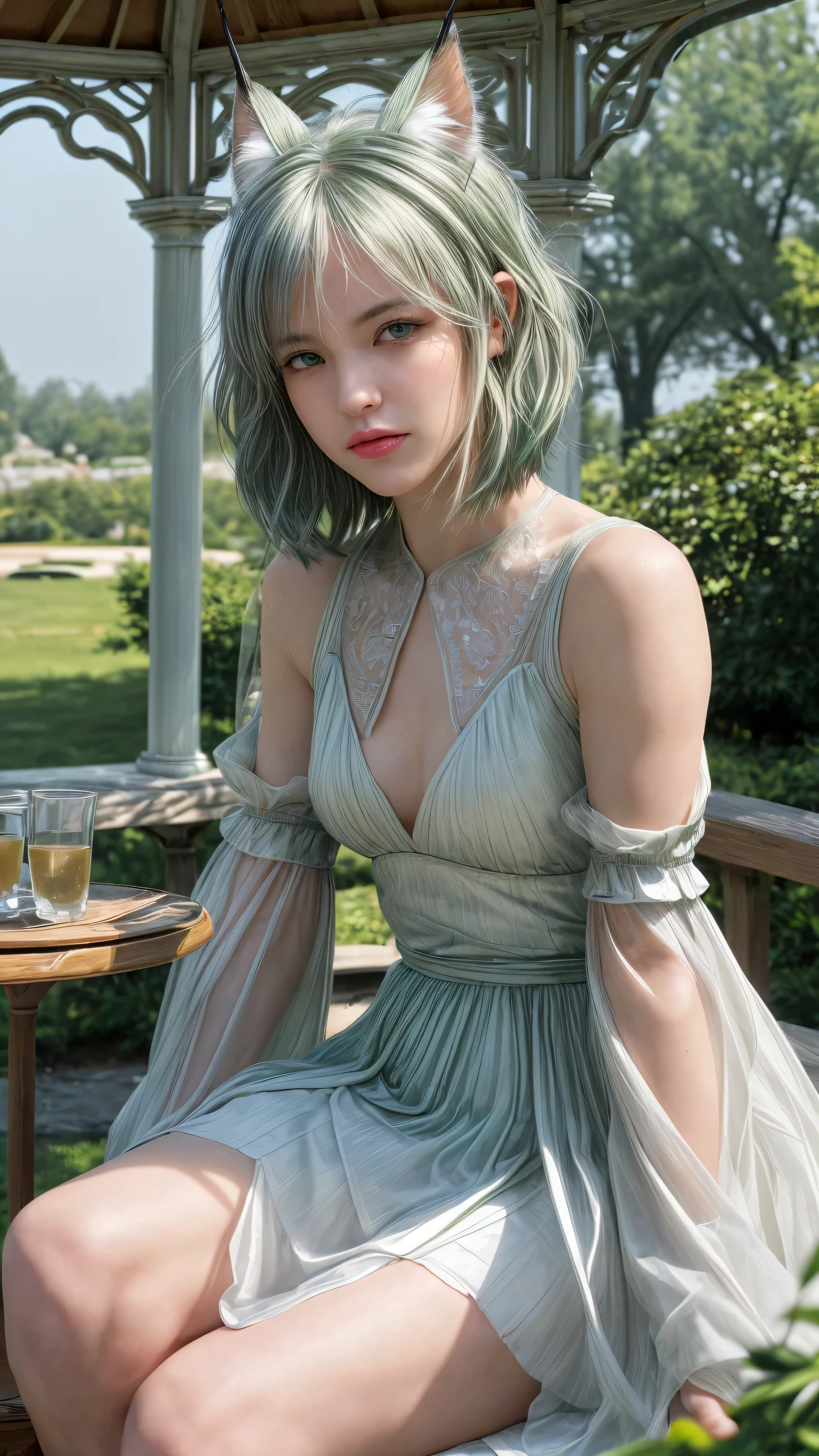 masterpiece, best quality,Super detailed,Ultra Detail, cinematic Light,, 1 Girl, Solitary, sit, outdoor, Gazebo, sitting in the Gazebo,  plant, table, chandelier, Candle, wind, Green Eyes, Greenish silver hair, short hair, animal_ears, animal_ear_Brushed, Flowing hair, Light, Light frown, contour,Looking at the audience, Dynamic_angle