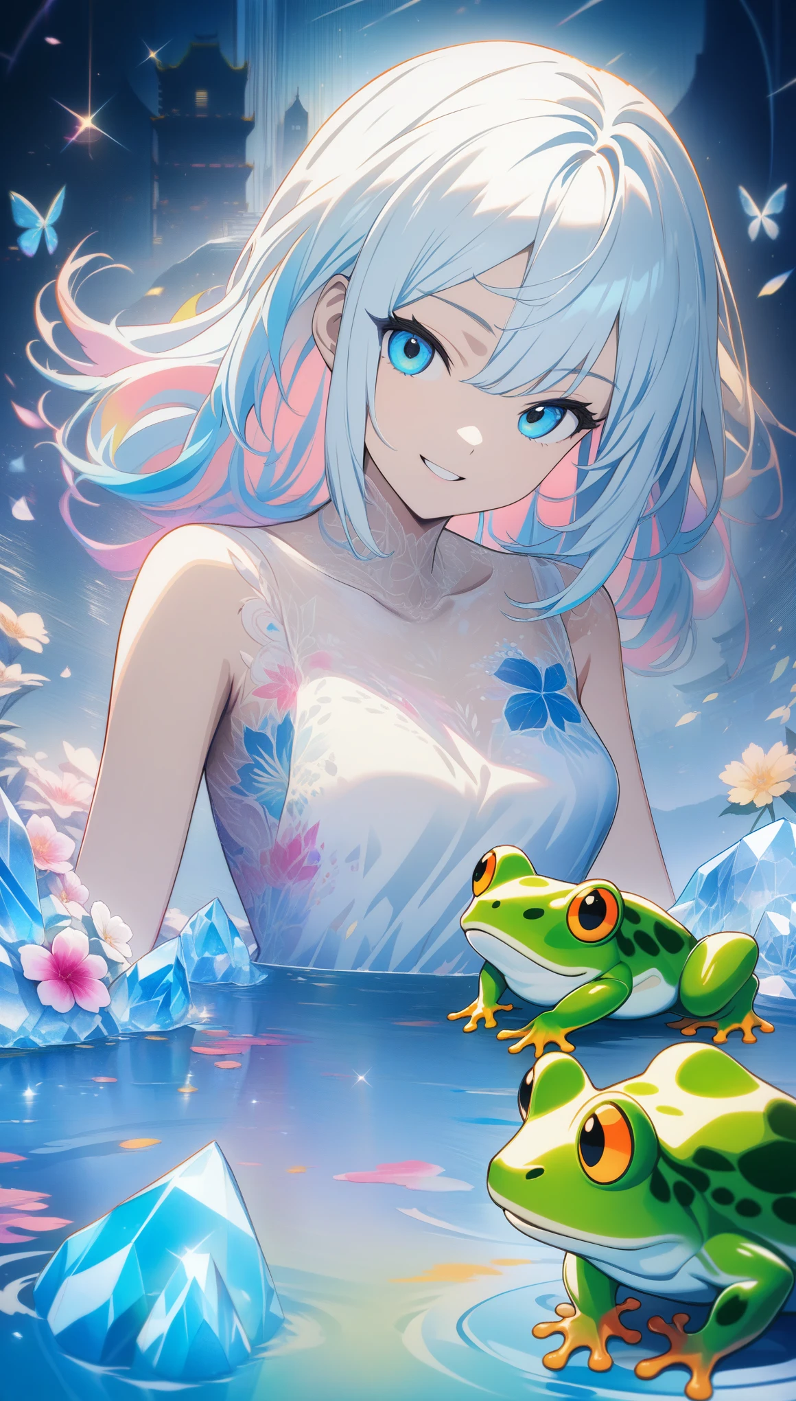 32k, best quality, ultra high res, HDR, UHD, extremely detailed CG, unity 32k wallpaper, **Japanese anime, A picture that looks like it was drawn with Copics,crystal style, crystal clear, woman with frog, under the blue moon, it was meticulously written, picture with elaborate writing, cute woman over smile,Flower, bold and strong line drawing, vivid acrylic painting, vivid thick paint, vivid, plain background, beautiful proof, highest resolution 16K, beautiful anime woman that is betrayeded by a frog, hair is short, Beautiful lightcyan high lights in her beautiful kind eyes, background is twinkle,Beautiful woman with a loose airy bright colorful hair with diamond high lights,Transparent dress, ,thick aquarelle colors,colorful,honeydew and diamond, lightcyan and white and light Effects,wallpaper,architecture,High quality, high image quality, great amount of drawing,pixiv illustration, transparency, Japanese anime,upper body,white tone, delicate brushwork,distinct color, Smiling without showing teeth,