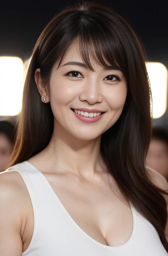 Masseter Film, highest quality, masterpiece, High resolution, realism, Original photo, 8k wallpaper, perfection, Professional Lighting, Very detailed, Written boundary depth, ((Sexy beautiful woman)), ((Sexy 42 year old woman)),,  ((smile)), Detailed face, Beautiful Eyes,, bangs, She has big breasts and a nice figure, (sexy look),, (Thick lips), Long legs,Large Breastsが見えるよ,View from the front,Night Festival,Large Breasts,Tank top